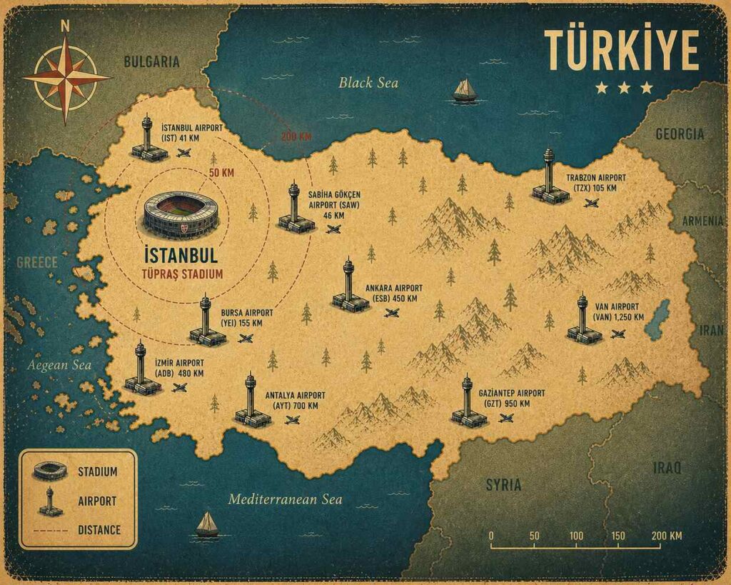 istanbul stadium and airport map