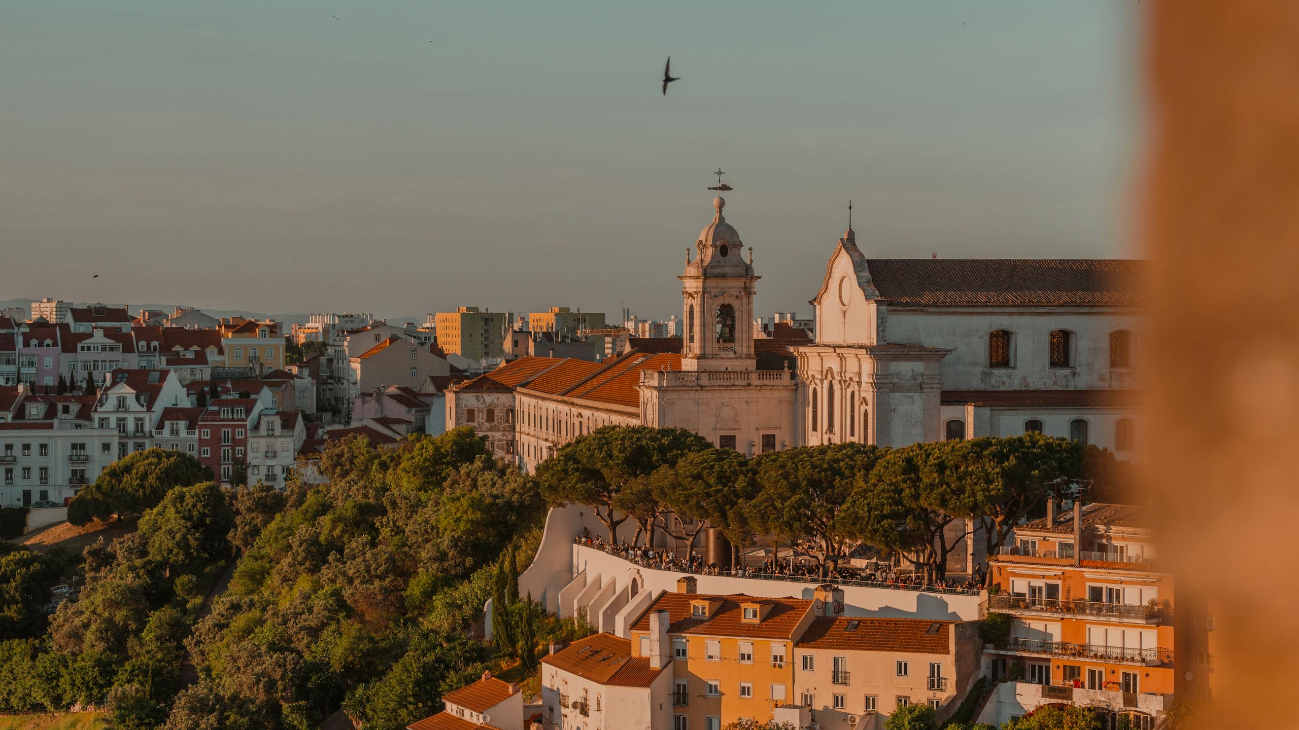 Beautiful sunset view of Lissabon's historic architecture and lush greenery.